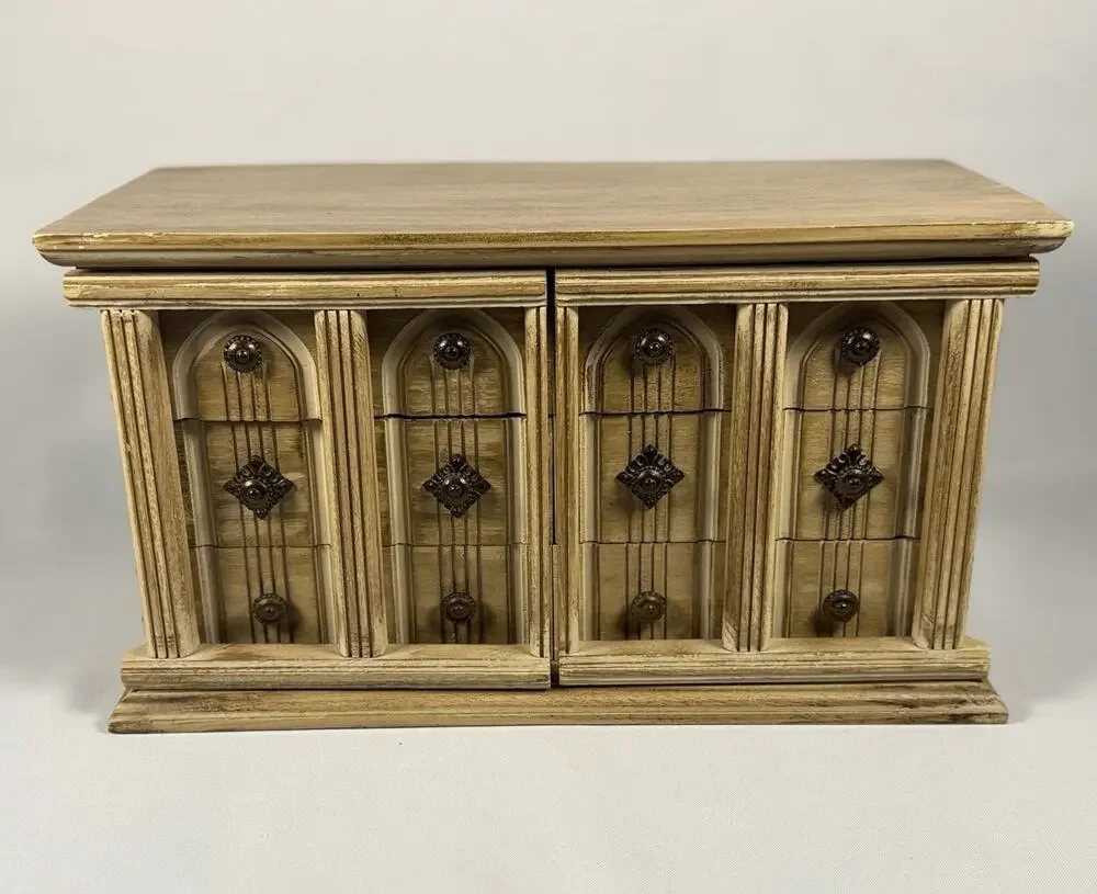 ⁠Vtg Kellerman Japan Wood Jewelry Box Cabinet Armoire Chest Arched Doors Drawers